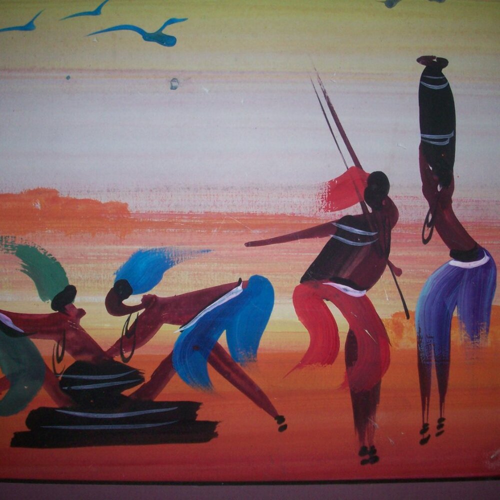 Original Painting African Savanah Stylized Women Artist Signed Badila Pam '89